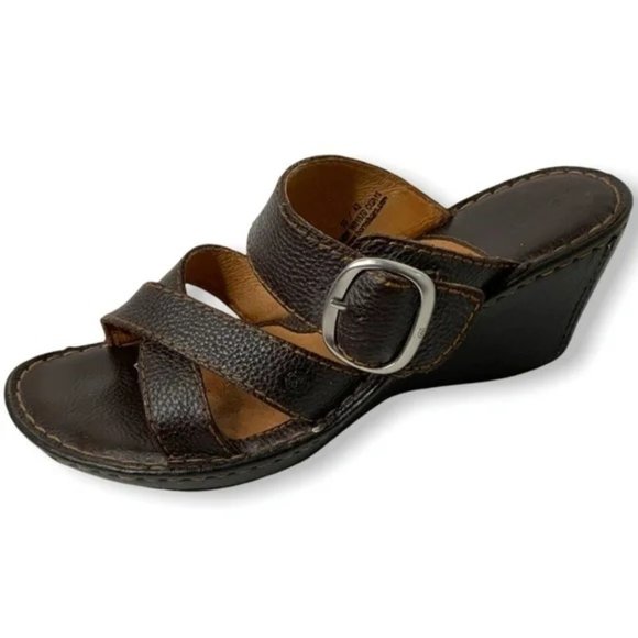 BORN Brown Leather Wedge Slide Comfort Sandals Size 10 - Picture 2 of 6